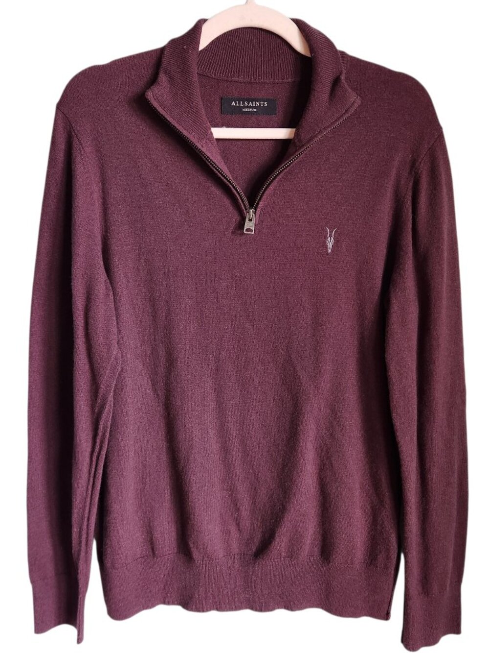 AllSaints Sweater Medium Men's Burgundy Kilburn Blend Quarter Zip